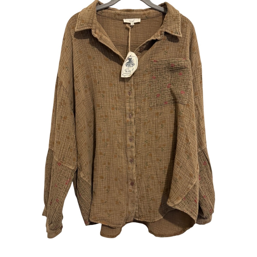 Easel Button Down Shirt Women's L Brown Cottagecore Boho Soft Floral Gauze Top - Picture 10 of 12